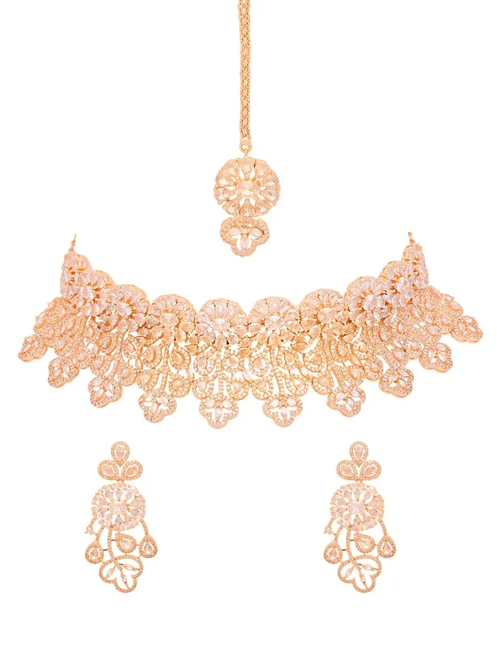 Earrings Yellow Chimes American Diamond Jewellery Set for Women Rosegold Plated Bridal Wedding White AD Jewellery Necklace Set with Maang Tikka for Women and Girls Yellow Chimes