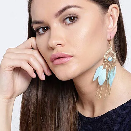 Earrings Yellow Chimes Blue Feather Long Tassel Earrings for Women and Girls Yellow Chimes