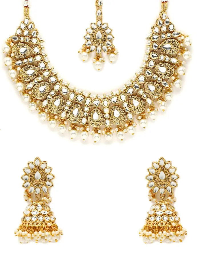 Earrings Yellow Chimes Kundan Jewellery Set for Women Gold Plated Traditional Kundan Necklace Set with Maang Tikka For Women And Girls Yellow Chimes