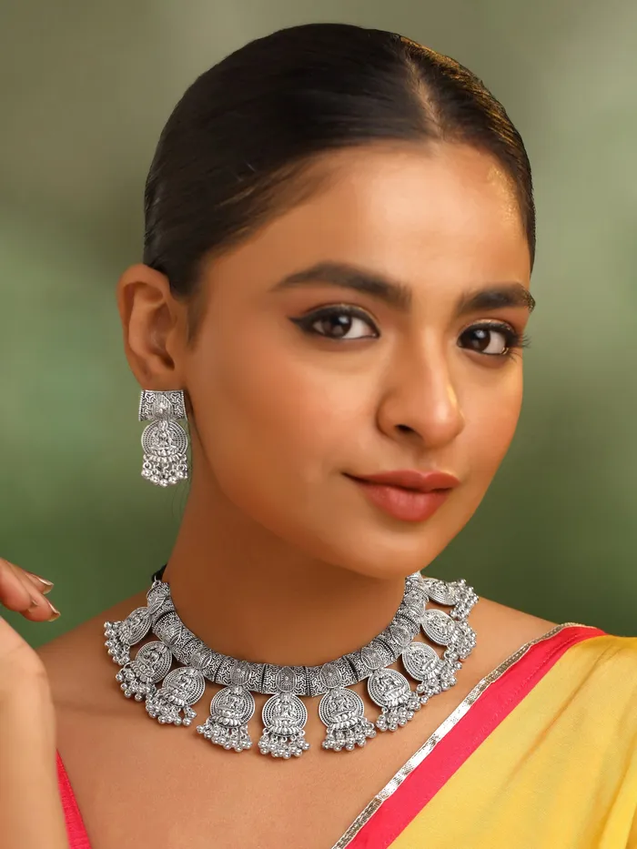 Earrings Yellow Chimes Silver Oxidised Jewellery Set Choker Earrings Oxidised Silver One Size