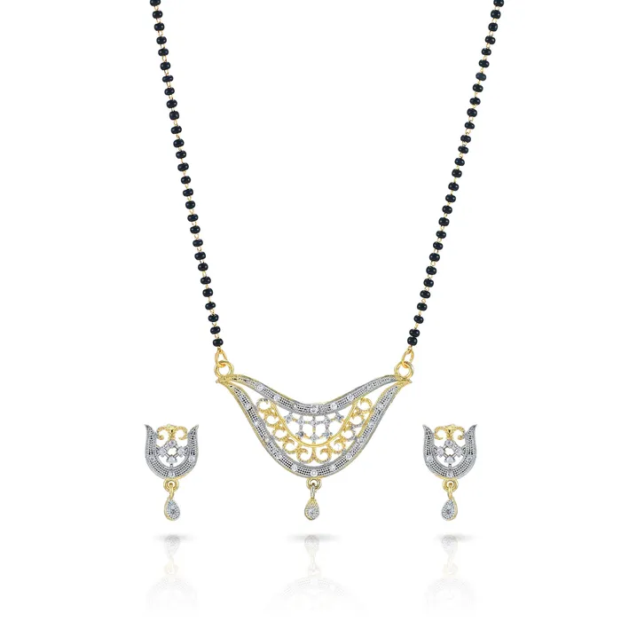 Earrings Yellow Chimes Sparkling ADAmerican Diamond Studded Ethnic Traditional Black Beads Designer Mangalsutra Pendant Set with Earrings for Women Yellow Chimes