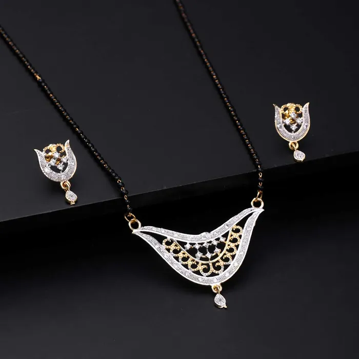 Earrings Yellow Chimes Sparkling ADAmerican Diamond Studded Ethnic Traditional Black Beads Designer Mangalsutra Pendant Set with Earrings for Women Yellow Chimes