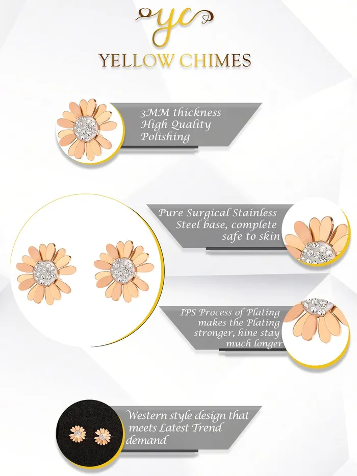 Earrings Yellow Chimes Stud Earrings for Women Western Rose Gold Plated Stainless Steel White StoneStudded Floral Studs Earrings For Women and Girls Yellow Chimes