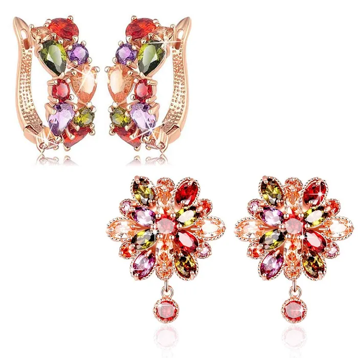 Earrings Yellow Chimes Yellow Chimes Combo of 2 Pair Sparkling Colors Flower Work Swiss Cubic Zircon 18K Gold Plated Clip On Drop Earrings for Women and Girls