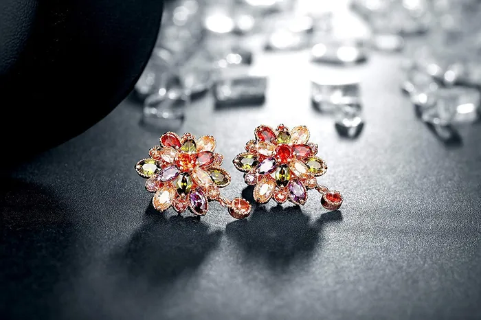Earrings Yellow Chimes Yellow Chimes Combo of 2 Pair Sparkling Colors Flower Work Swiss Cubic Zircon 18K Gold Plated Clip On Drop Earrings for Women and Girls