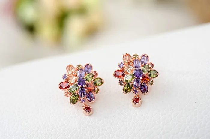 Earrings Yellow Chimes Yellow Chimes Combo of 2 Pair Sparkling Colors Flower Work Swiss Cubic Zircon 18K Gold Plated Clip On Drop Earrings for Women and Girls