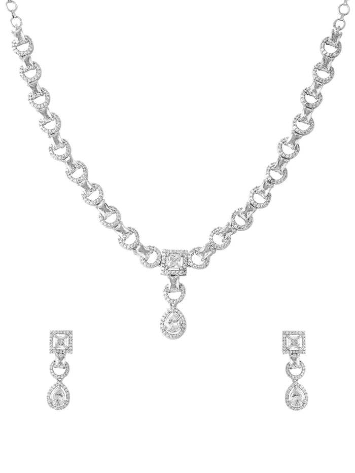 Earrings Yellow Chimes Yellow Chimes Diamond Necklace Set for Women Green Stone Silver Necklace Set AD Jewellery Set for Women Silver Diamond Necklace Set Birthday Gift for Girls Women Anniversary Gift for Wife