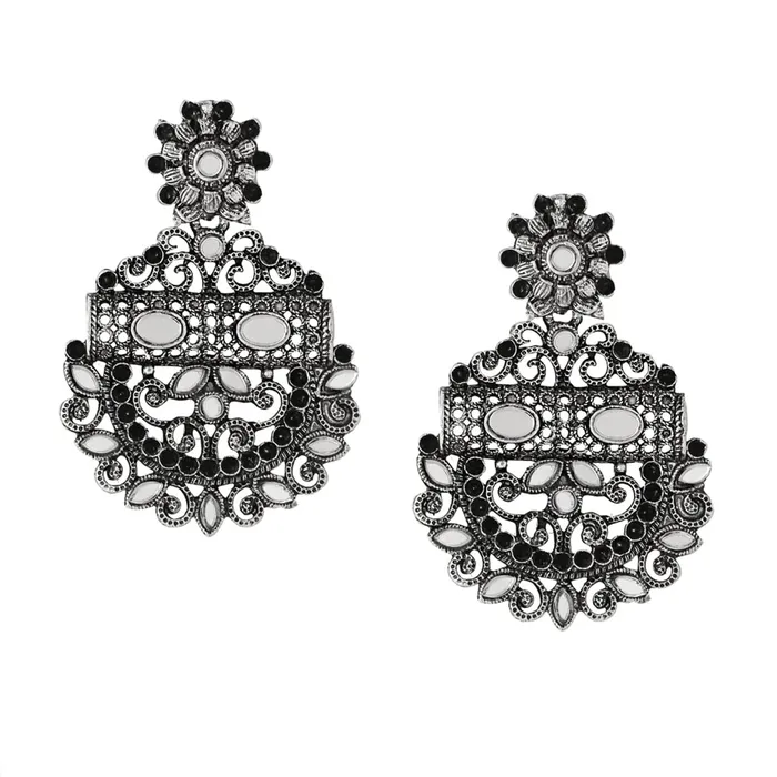 Earrings Yellow Chimes Yellow Chimes Earrings For Women Floral Designed Silver Toned Mirror Studded Chanbali Earrings For Women and Girls