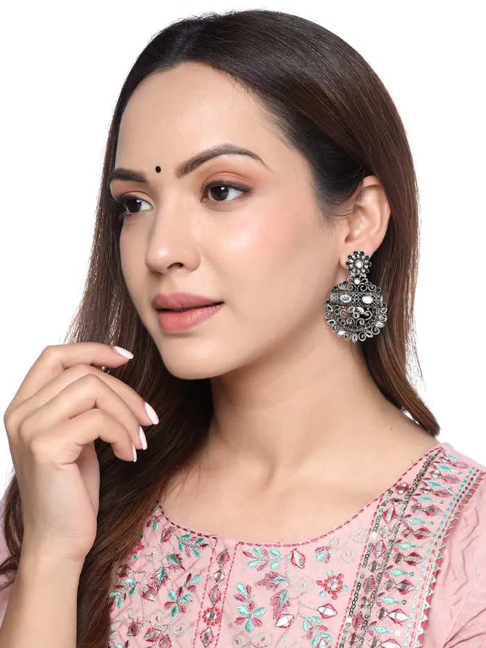 Earrings Yellow Chimes Yellow Chimes Earrings For Women Floral Designed Silver Toned Mirror Studded Chanbali Earrings For Women and Girls