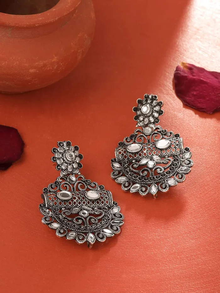 Earrings Yellow Chimes Yellow Chimes Earrings For Women Floral Designed Silver Toned Mirror Studded Chanbali Earrings For Women and Girls
