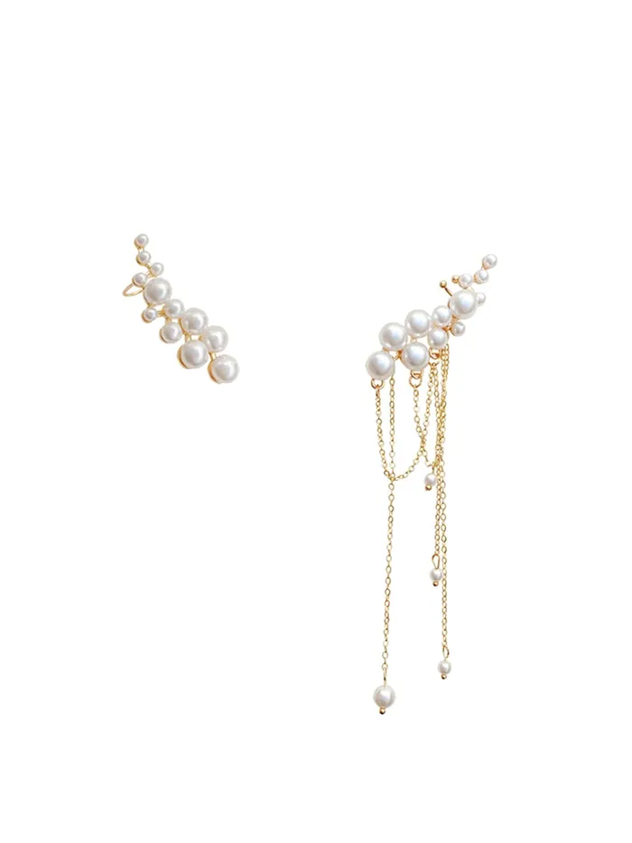 Earrings Yellow Chimes Yellow Chimes Earrings For Women Gold Tone One Side Pearl Beaded Stud and Other Side Pearl Stud With Chain Fringe Dangler Earrings For Women and Girls