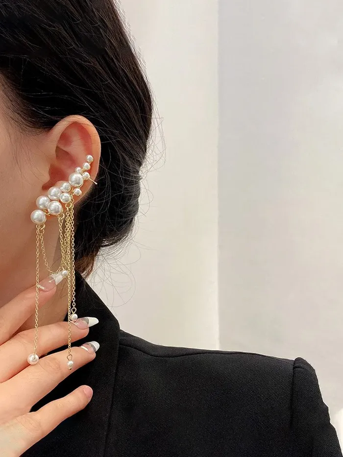 Earrings Yellow Chimes Yellow Chimes Earrings For Women Gold Tone One Side Pearl Beaded Stud and Other Side Pearl Stud With Chain Fringe Dangler Earrings For Women and Girls