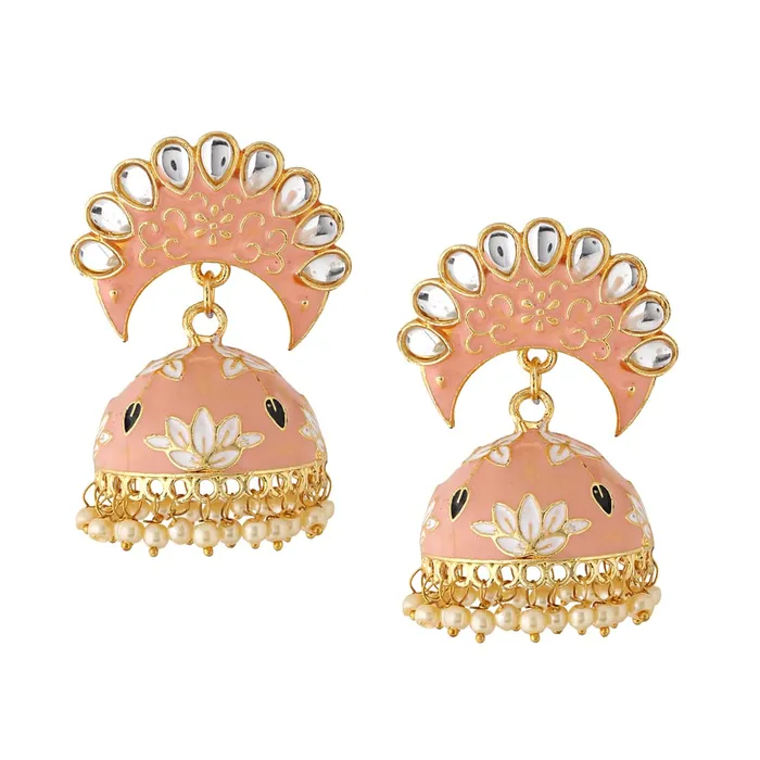 Earrings Yellow Chimes Yellow Chimes Earrings For Women Peach Color Pearl and Stone Studded Meenakari Jhumka Earrings For Women and Girls