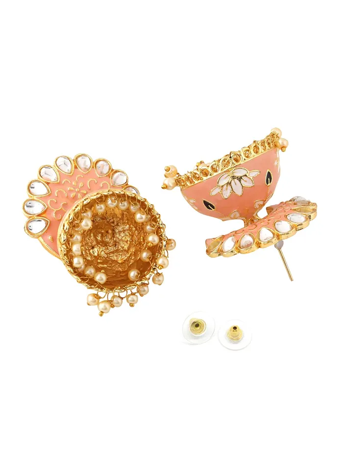 Earrings Yellow Chimes Yellow Chimes Earrings For Women Peach Color Pearl and Stone Studded Meenakari Jhumka Earrings For Women and Girls