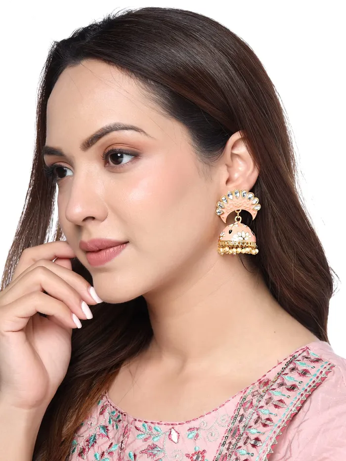 Earrings Yellow Chimes Yellow Chimes Earrings For Women Peach Color Pearl and Stone Studded Meenakari Jhumka Earrings For Women and Girls