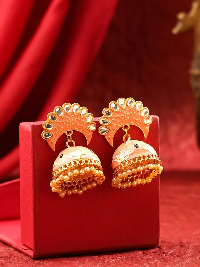 Earrings Yellow Chimes Yellow Chimes Earrings For Women Peach Color Pearl and Stone Studded Meenakari Jhumka Earrings For Women and Girls