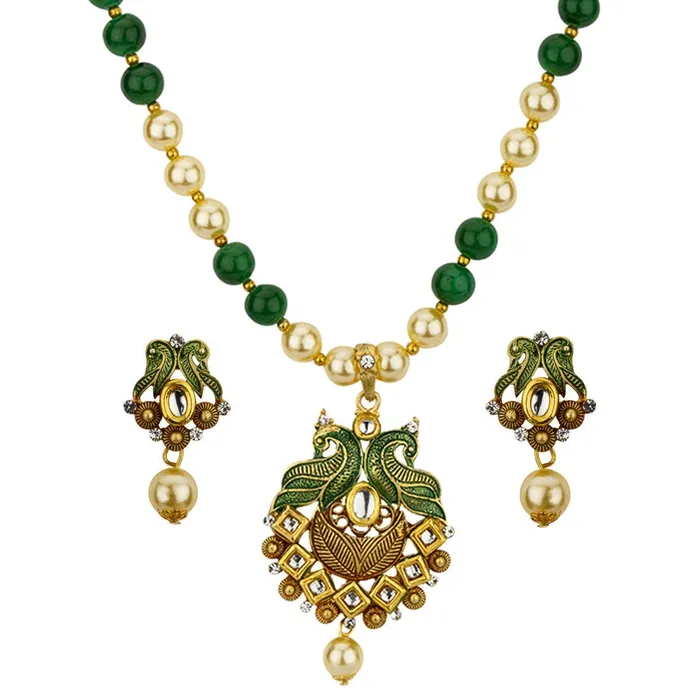 Earrings Yellow Chimes Yellow Chimes Exclusive Traditional Peacock Desaign Pearl Kundan Necklace With Drop Earrings For Women