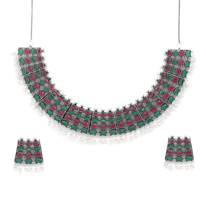 Earrings Yellow Chimes Yellow Chimes German Oxidised Silver Studded Stones Statement Style Royal Looks Designer Choker Necklace Set With Earrings for Women and Girls