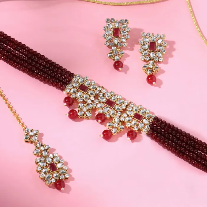 Earrings Yellow Chimes Yellow Chimes Jewellery Set for Women and Girls Red Beads Necklace Set for Women Gold Tone Beads Necklace Set Birthday Gift for girls women Anniversary Gift for Wife