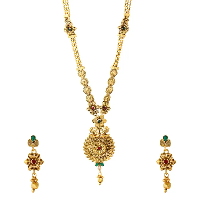 Earrings Yellow Chimes Yellow Chimes Jewellery Set For Women Gold Plated Floral Designed Traditional Rani Haar Necklace Set For Women and Girls