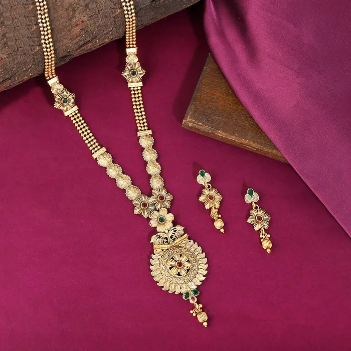 Earrings Yellow Chimes Yellow Chimes Jewellery Set For Women Gold Plated Floral Designed Traditional Rani Haar Necklace Set For Women and Girls