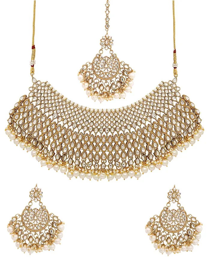 Earrings Yellow Chimes Yellow Chimes Kundan Bridal Jewellery Set Gold Plated Traditional White Choker Necklace Set for Women Girls