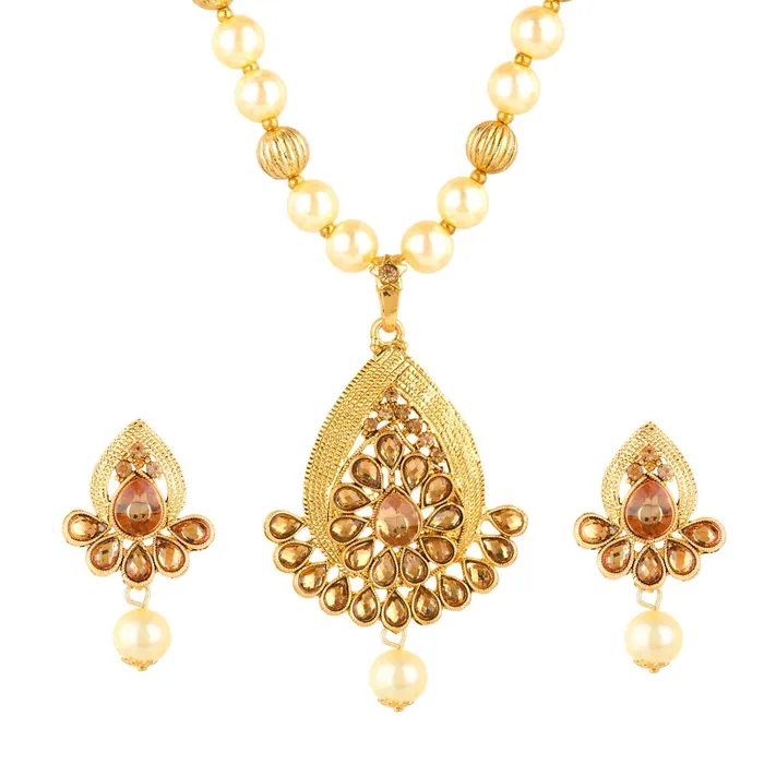 Earrings Yellow Chimes Yellow Chimes Kundan Studded Gold Plated Necklace Jewellery Set Pearl Mala Pendant Set for Women and Girls