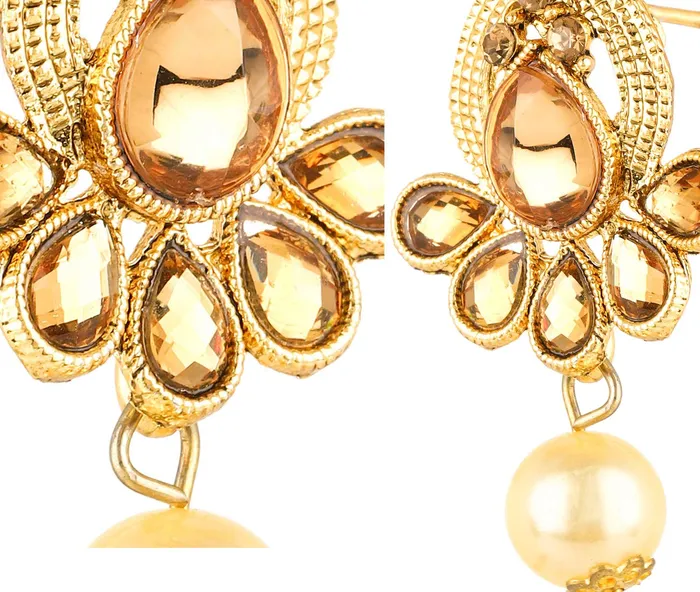 Earrings Yellow Chimes Yellow Chimes Kundan Studded Gold Plated Necklace Jewellery Set Pearl Mala Pendant Set for Women and Girls
