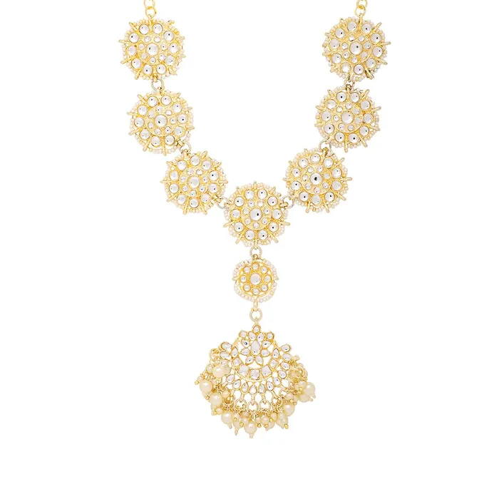 Earrings Yellow Chimes Yellow Chimes Mathapati for Women Gold Toned Kundan Studded Pearl Drop Chandbali Designed Head ChainMathapati for Women and Girls