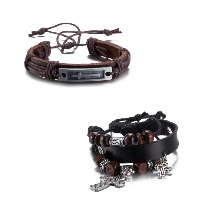 Earrings Yellow Chimes Yellow Chimes Moxie Collection Cross Style Casual Leather Wraps Combo Bracelets for Men and Boys