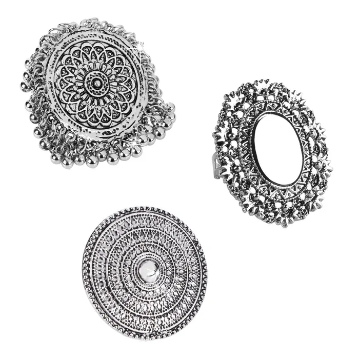 Earrings Yellow Chimes Yellow Chimes Oxidised Rings for Women 3 PCS Combo Ring Set Artistic Crafted Oxidised Silver Rings for Women and Girls