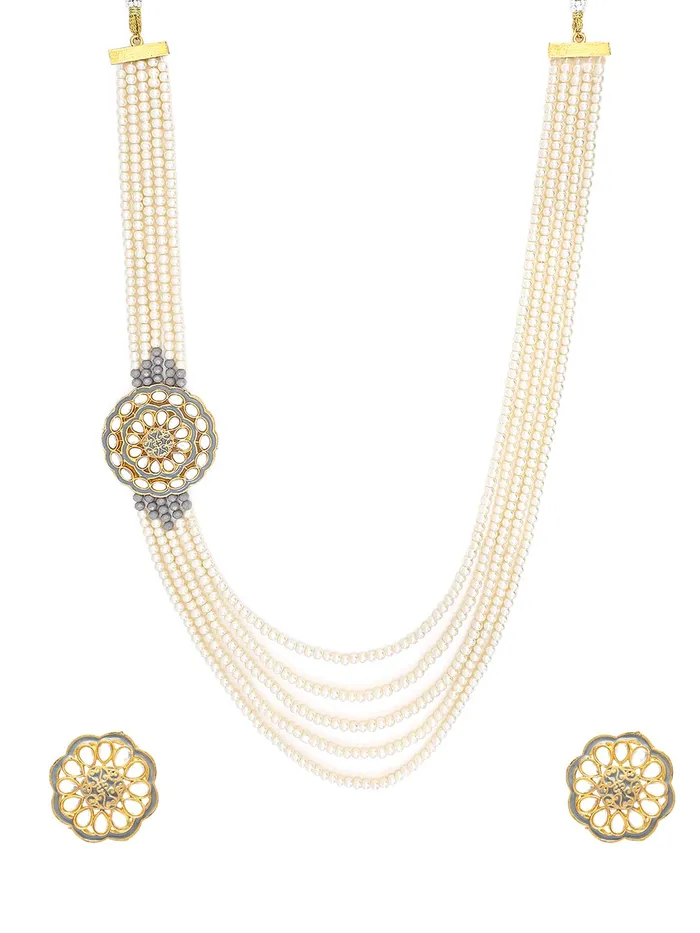 Earrings Yellow Chimes Yellow Chimes Pearl Jewellery Set for Women White Kundan Beads Necklace Set Traditional Multilayered Long Jewellery Set for Women and Girls