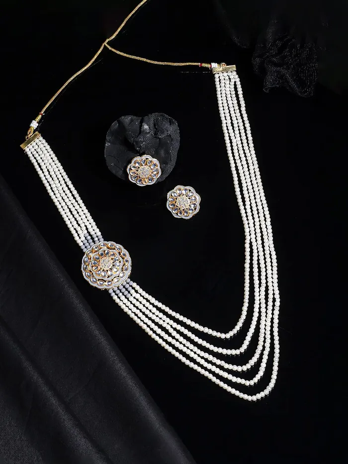 Earrings Yellow Chimes Yellow Chimes Pearl Jewellery Set for Women White Kundan Beads Necklace Set Traditional Multilayered Long Jewellery Set for Women and Girls