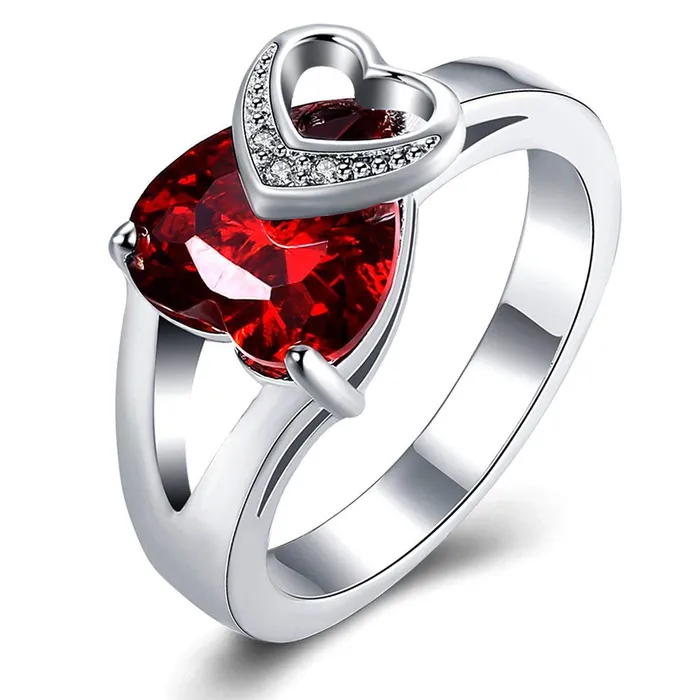 Earrings Yellow Chimes Yellow Chimes Rings for Women Valentines Special Stylish Red Heart Shaped Fashion Silver toned Dual Heart Crystal Ring for Women and Girls