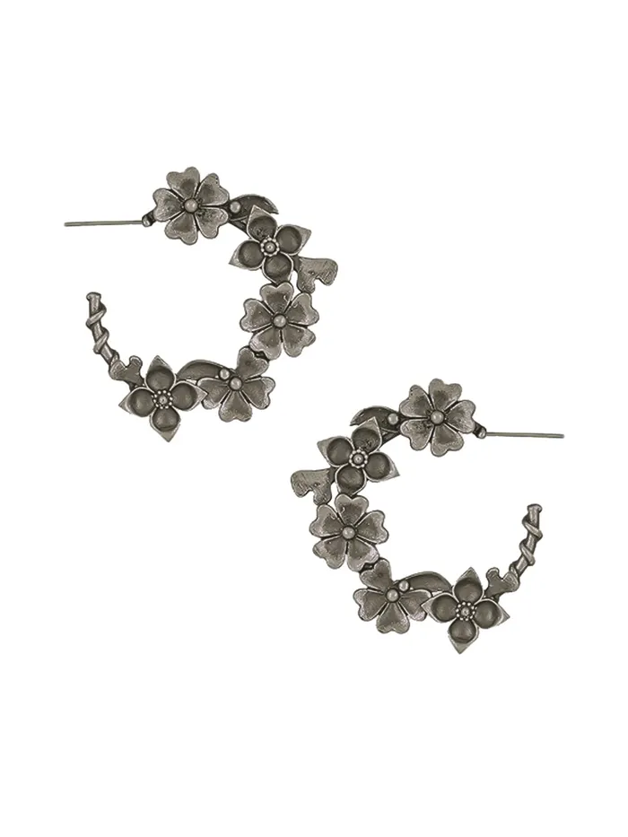 Earrings Yellow Chimes Yellow Chimes Silver Oxidised Hoops Earrings for Women Girls Floral Shaped Traditional Silver Oxidised Plated Hoop Earrings Eternal Elegance Birthday Anniversary Gift For Girls Women