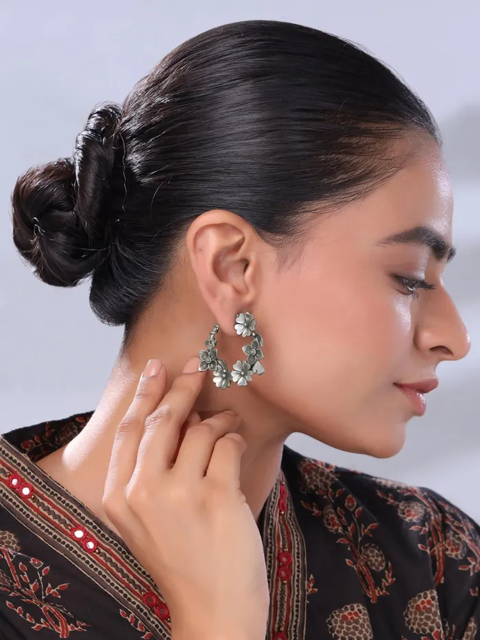Earrings Yellow Chimes Yellow Chimes Silver Oxidised Hoops Earrings for Women Girls Floral Shaped Traditional Silver Oxidised Plated Hoop Earrings Eternal Elegance Birthday Anniversary Gift For Girls Women