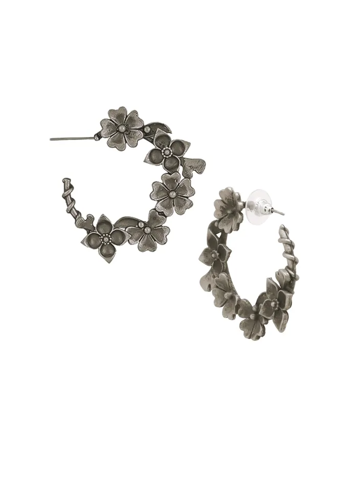 Earrings Yellow Chimes Yellow Chimes Silver Oxidised Hoops Earrings for Women Girls Floral Shaped Traditional Silver Oxidised Plated Hoop Earrings Eternal Elegance Birthday Anniversary Gift For Girls Women