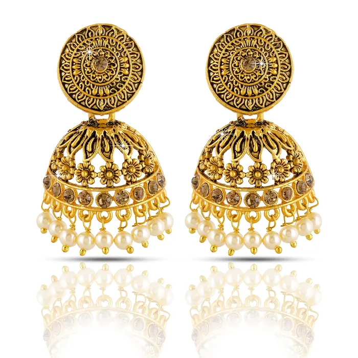 Earrings Yellow Chimes Yellow Chimes Traditional JhumkaJhumki Earrings Temple Jewellery Antique Oxidized Matte Gold Plated Floral Earrings for Womens Girls