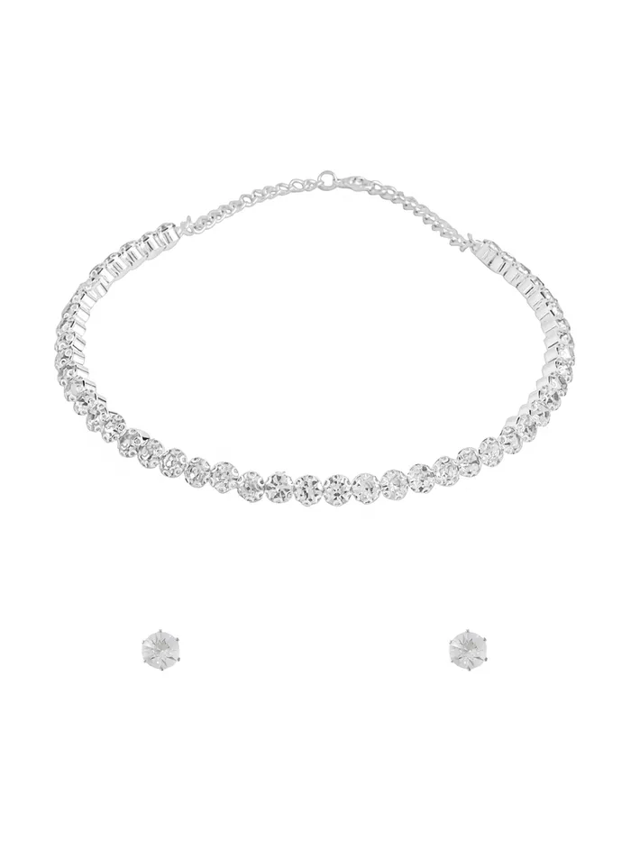 Elegant Silver Jewellery Set White Stone Crystal Necklace Lobster Clasp Closure One Size Rhodium Plated Yellow Chimes Earrings