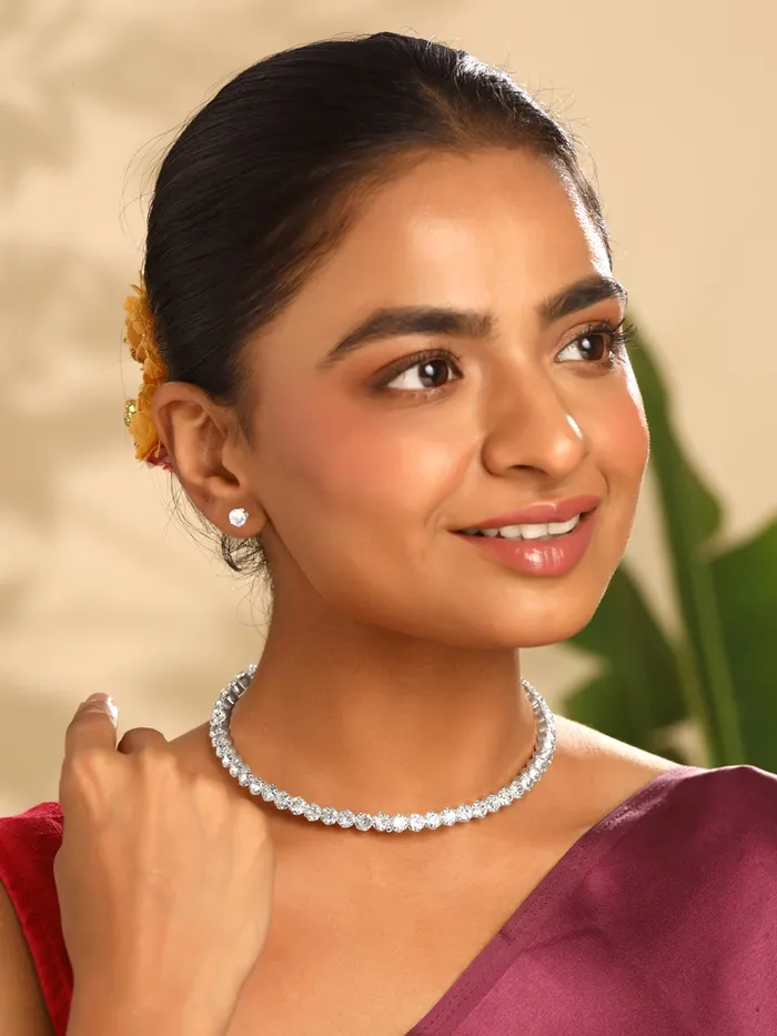 Elegant Silver Jewellery Set White Stone Crystal Necklace Lobster Clasp Closure One Size Rhodium Plated Yellow Chimes Earrings