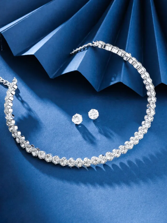 Elegant Silver Jewellery Set White Stone Crystal Necklace Lobster Clasp Closure One Size Rhodium Plated Yellow Chimes Earrings