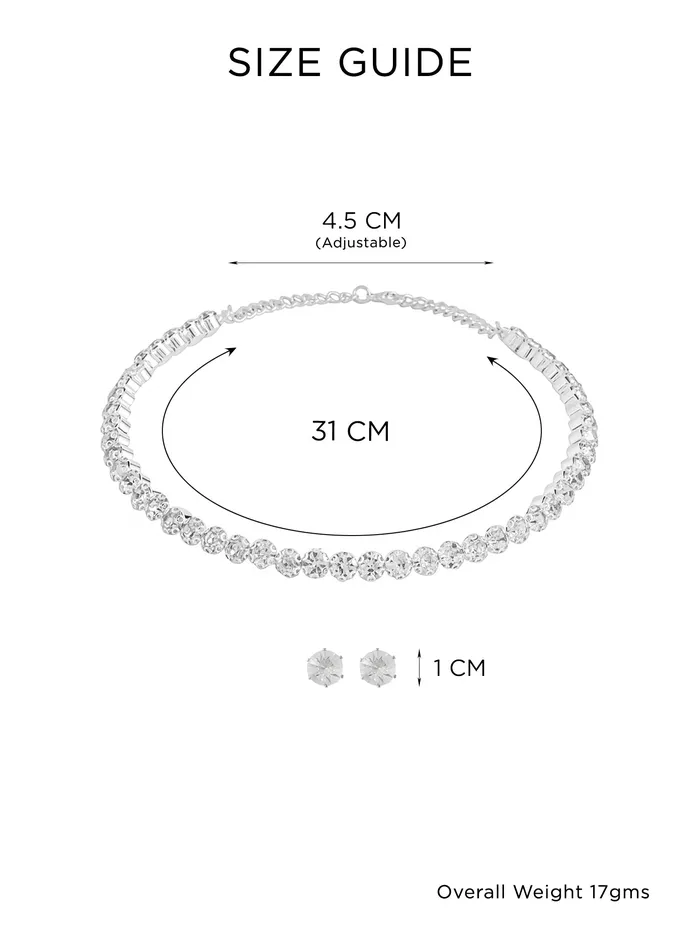 Elegant Silver Jewellery Set White Stone Crystal Necklace Lobster Clasp Closure One Size Rhodium Plated Yellow Chimes Earrings