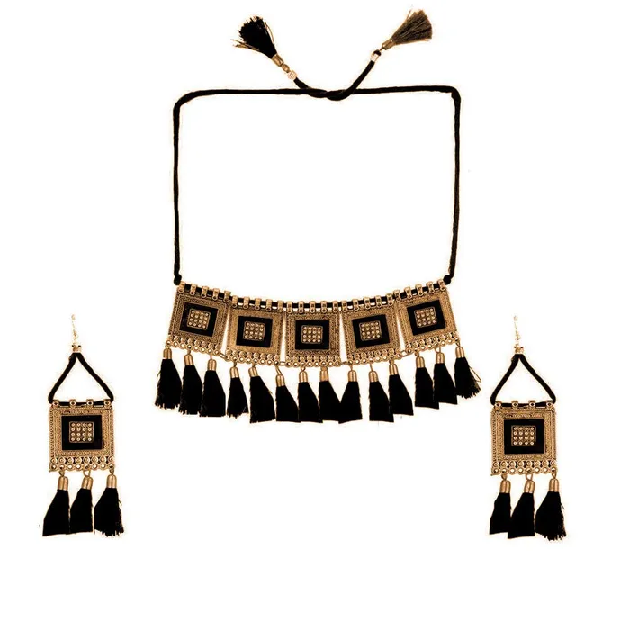 Rings Yellow Chimes Yellow Chimes German Silver Oxidised Afghani Style Meenakari Touch Tassel with Cotton Threads Choker Necklace Set with Earrings Jewellery Set for Women Girls Silver