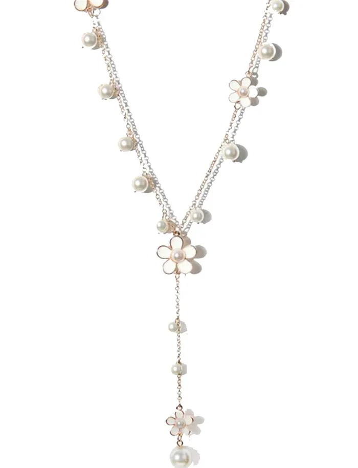 Rings Yellow Chimes Yellow Chimes Long Chain Necklace for Women Floral Pearl Fashion Long Chain Necklace Pendant for Women and Girls