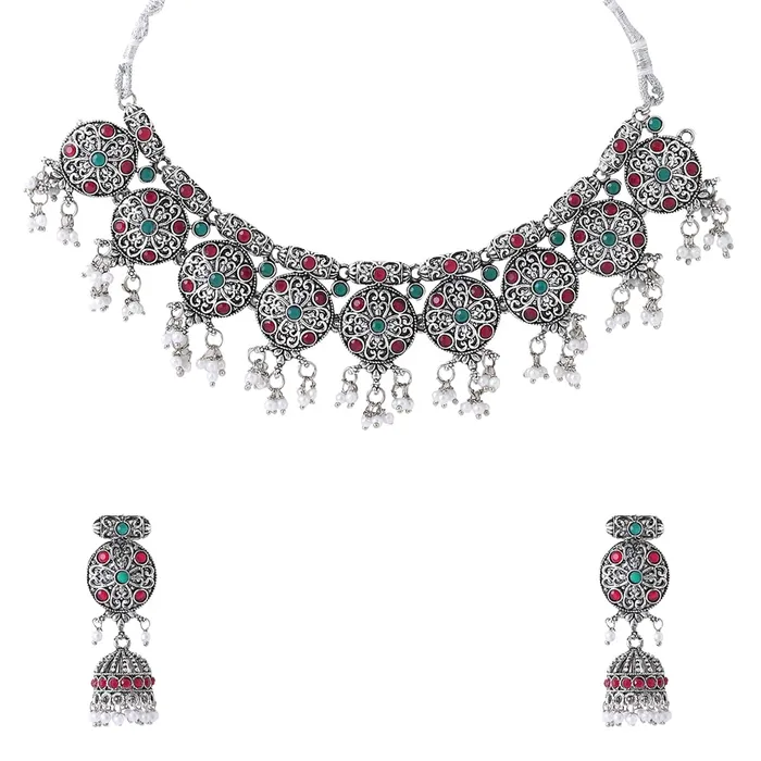 Rings Yellow Chimes Yellow Chimes Oxidised Jewellery Set for Women Silver Oxidised Jewelry Studded Multicolor Stoned Choker Necklace Set With Earrings for Women and Girls Style 4