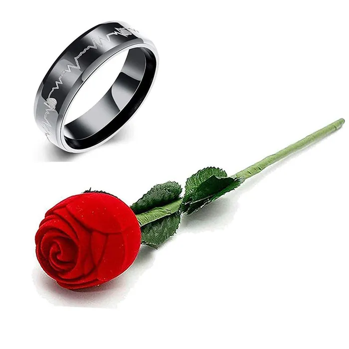 Rings Yellow Chimes Yellow Chimes Rings for Men Valentines Gift Combo of Heartbeat Love Message Stainless Steel Ring in Red Velvet Rose Ring Box for Boys and Girls