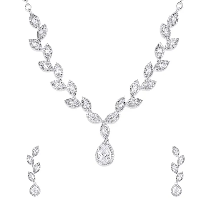 Yellow Chimes American Diamond Necklace Set For Women White Stone Silver Jewellery Set For Women Leafy Shaped Diamond Necklace Set Birthday Gift for Girls Anniversary Gift for Wife Yellow Chimes Earrings