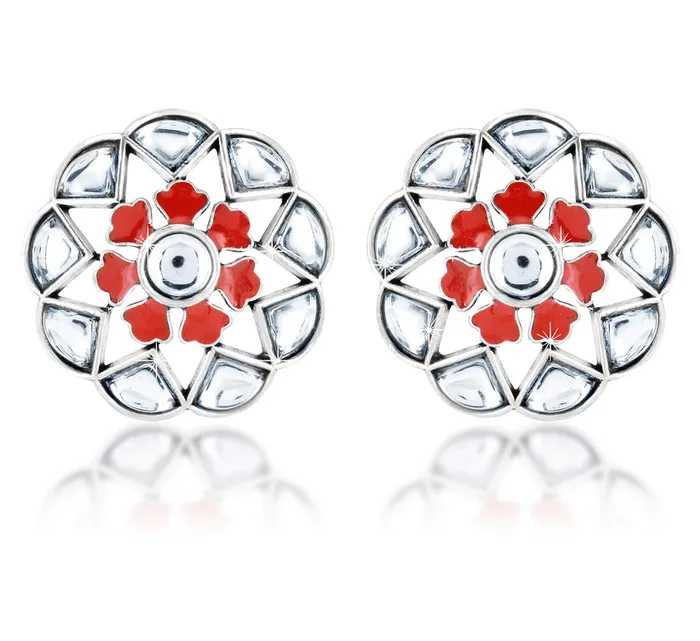 Yellow Chimes Antique Handmade Design Floral Theme Meenakari Touch Kundan Studded Oxidised Silver Stud Earrings for Women and Girls Red Yellow Chimes Earrings