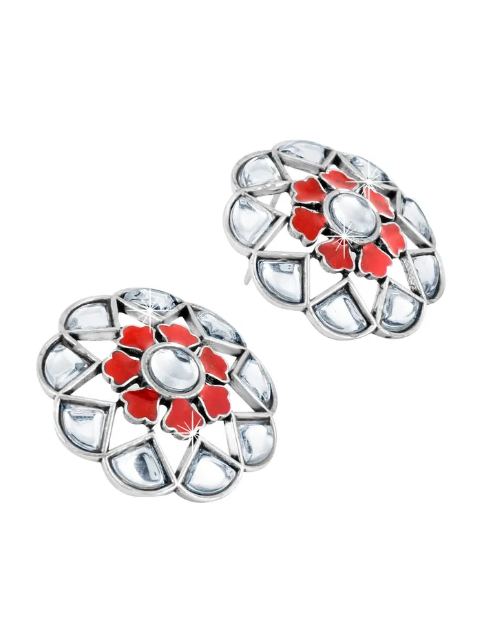 Yellow Chimes Antique Handmade Design Floral Theme Meenakari Touch Kundan Studded Oxidised Silver Stud Earrings for Women and Girls Red Yellow Chimes Earrings