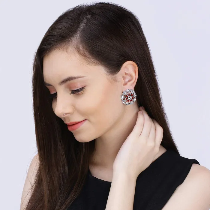 Yellow Chimes Antique Handmade Design Floral Theme Meenakari Touch Kundan Studded Oxidised Silver Stud Earrings for Women and Girls Red Yellow Chimes Earrings